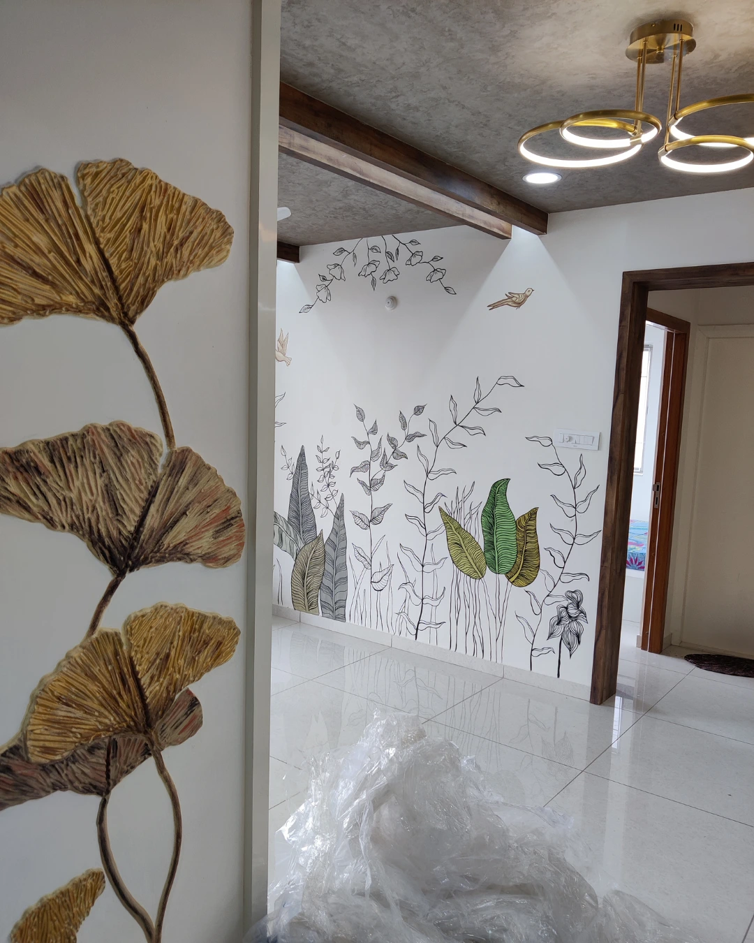 Textured ceiling and layered interior details