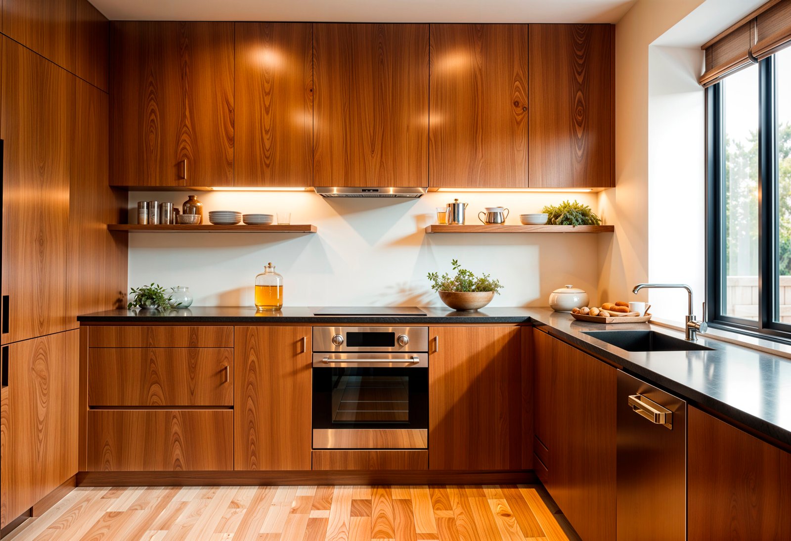L-Shaped Kitchen with Wooden Finishes 